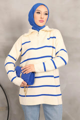Krem / Saks Mavi Yaka Fermuarlı Çizgili Triko Tunik