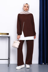 Kahverengi Fermuar Detaylı Takım