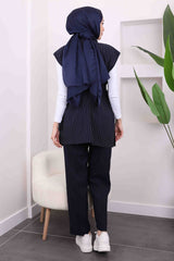 Lacivert Bel Kuşaklı Yelek Pantolonlu Takım