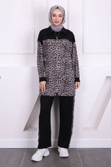 SİYAH GRİ Bel Büzgülü Modal Tunik Takım
