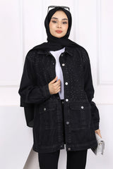 Siyah Taş İşlemeli Kot Ceket