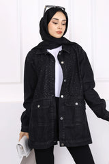 Siyah Taş İşlemeli Kot Ceket