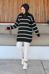 Siyah Yaka Fermuarlı Çizgili Triko Tunik
