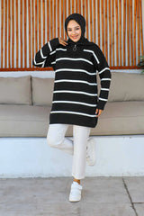 Siyah Yaka Fermuarlı Çizgili Triko Tunik