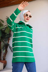 Yeşil Yaka Fermuarlı Çizgili Triko Tunik