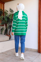 Yeşil Yaka Fermuarlı Çizgili Triko Tunik