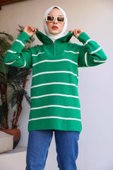 Yeşil Yaka Fermuarlı Çizgili Triko Tunik