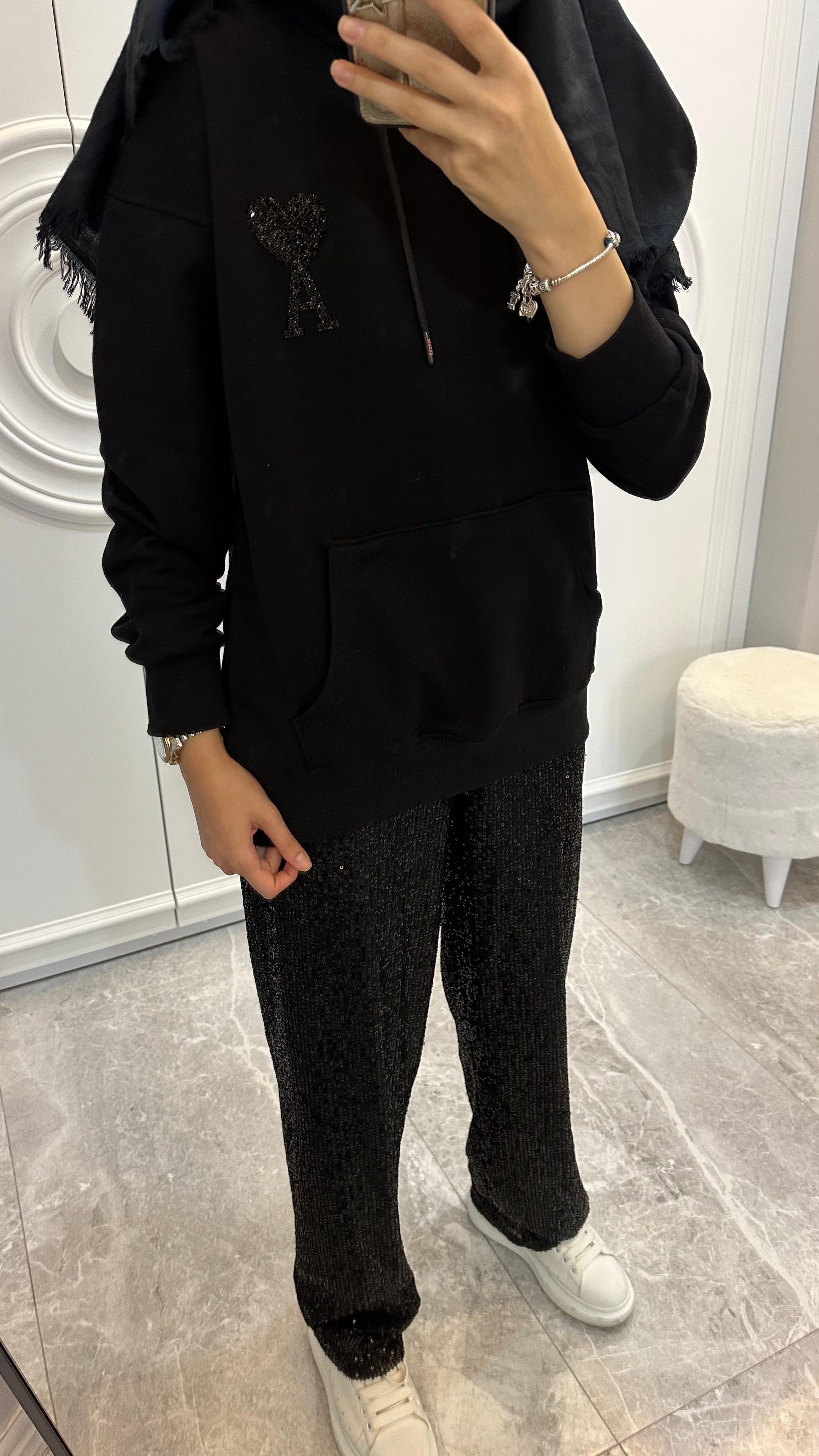 PAYETLI PANTOLON SIYAH - nuha collection