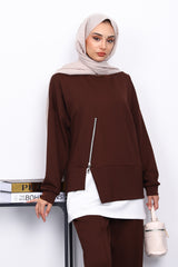 Kahverengi Fermuar Detaylı Takım