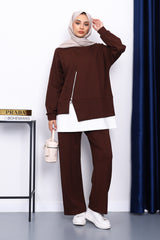 Kahverengi Fermuar Detaylı Takım