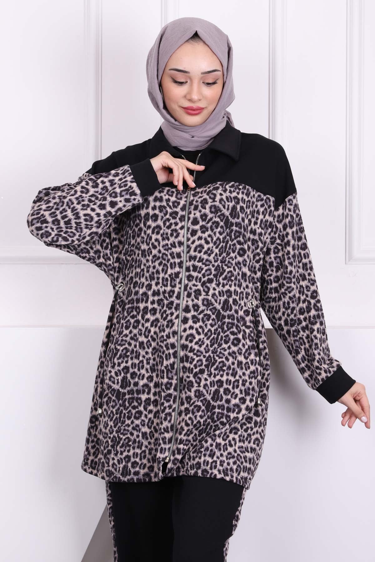 SİYAH GRİ Bel Büzgülü Modal Tunik Takım