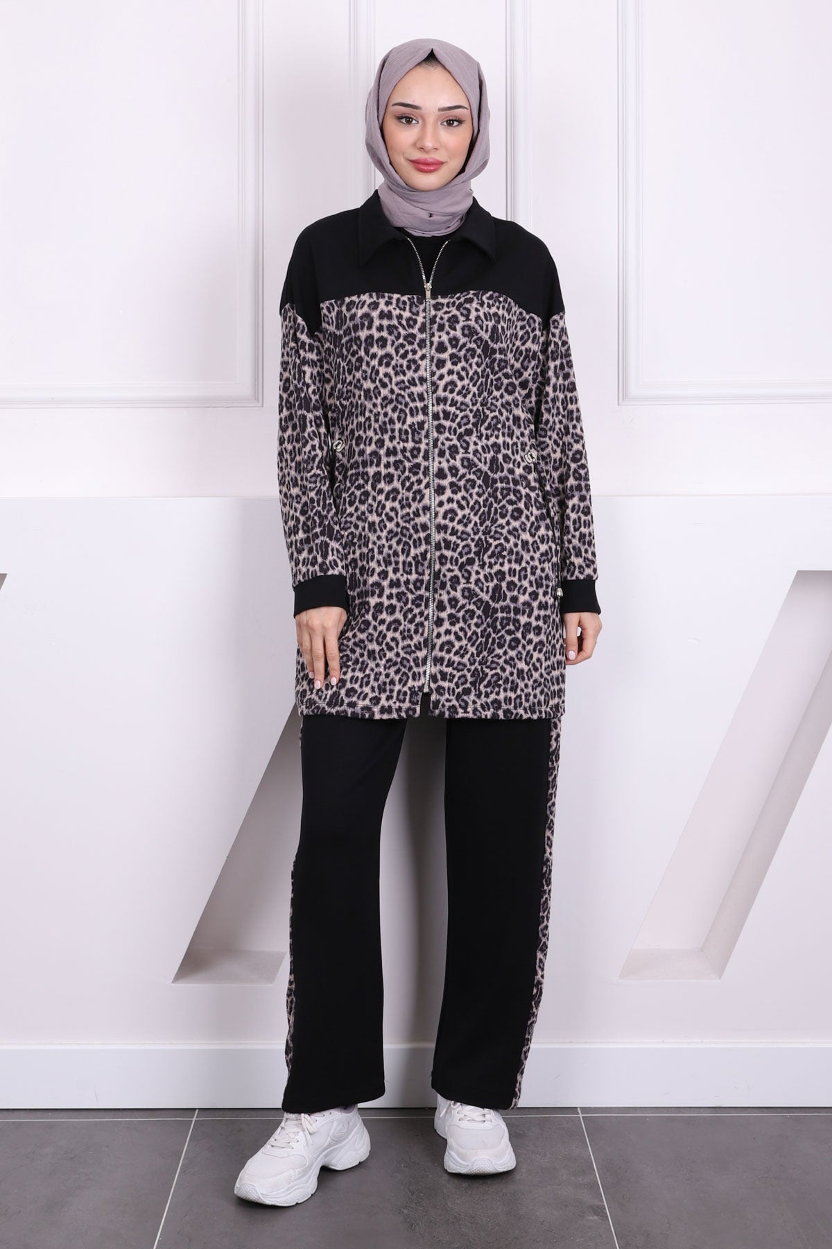 SİYAH GRİ Bel Büzgülü Modal Tunik Takım