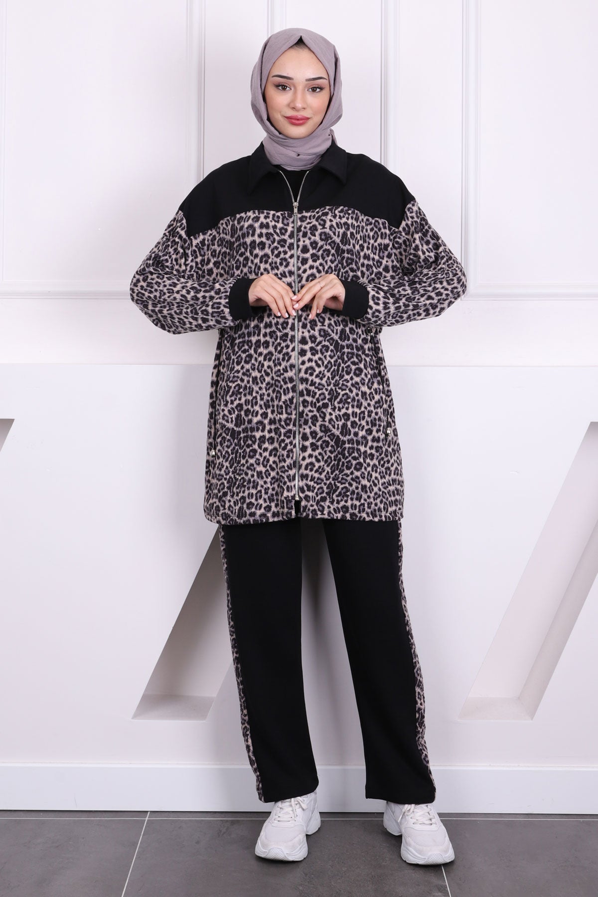 SİYAH GRİ Bel Büzgülü Modal Tunik Takım