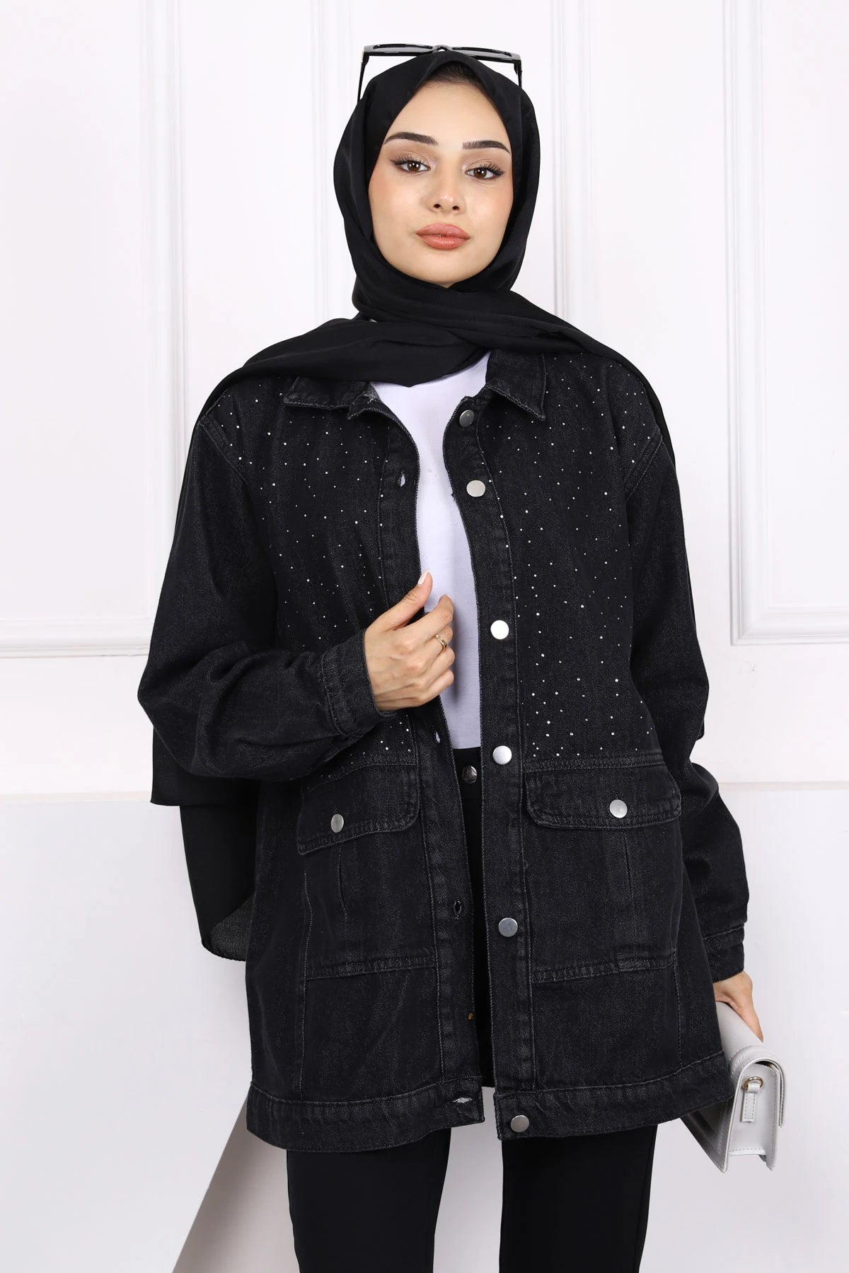 Siyah Taş İşlemeli Kot Ceket